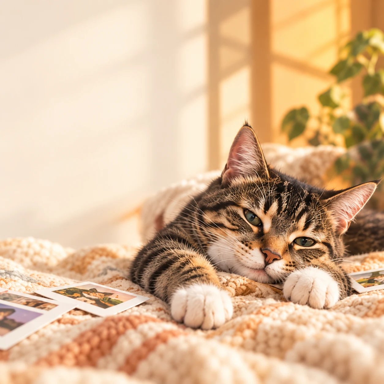 Maru resting in a sunlit room on a cream and orange blanket