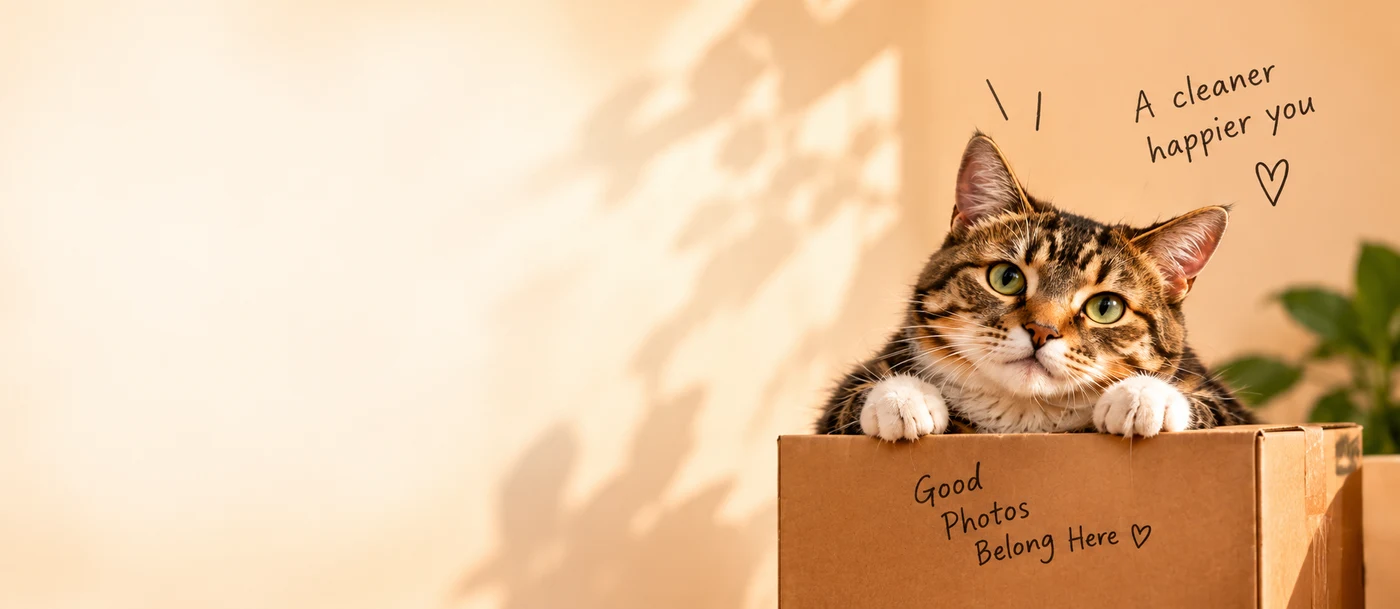 Maru peeking out of a box of good photos