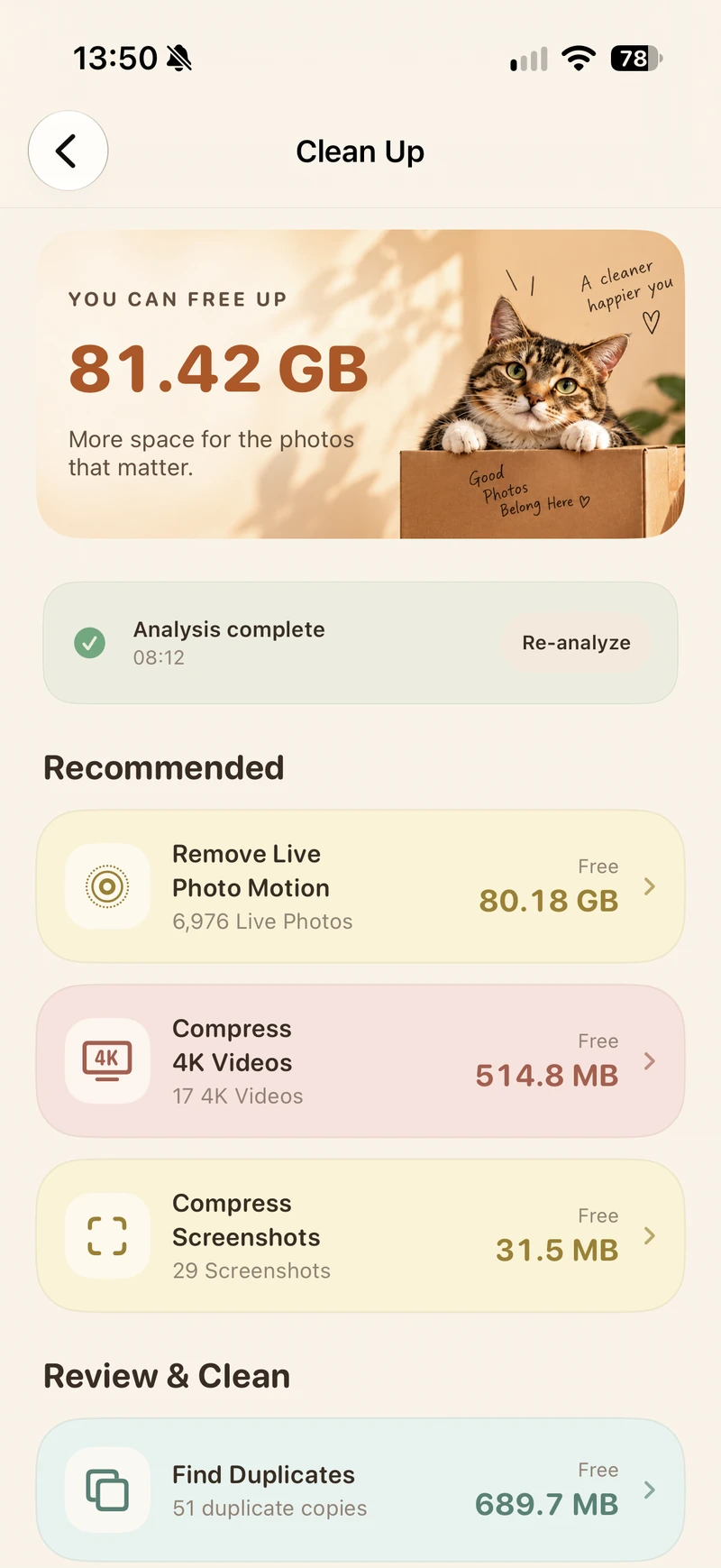 Maru cleanup screen showing recommended optimizations