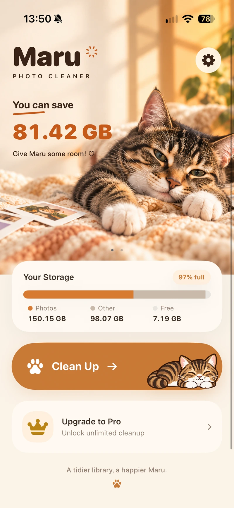 Maru home screen with library storage and cleanup tools