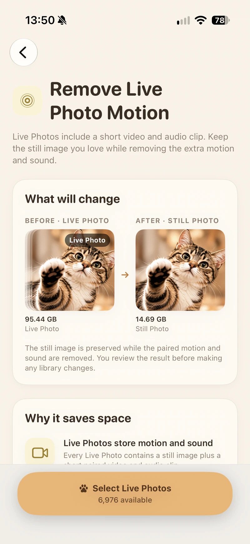 Maru Live Photo optimization screen with before and after review